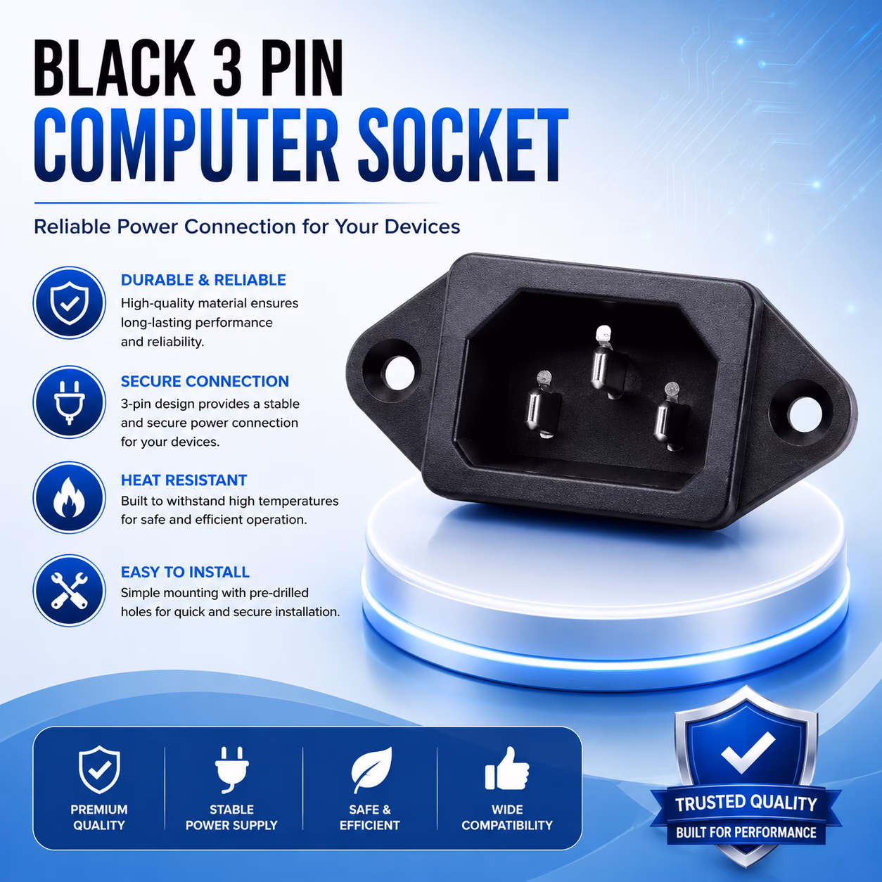 Black 3 Pin Computer Power Socket Connector