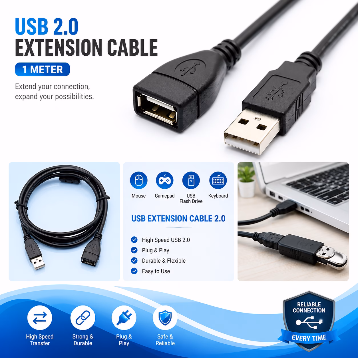 USB 2.0 Extension Cable 1.5 Meter High Speed Male to Female Extender for PC, Laptop, Printer & USB Devices