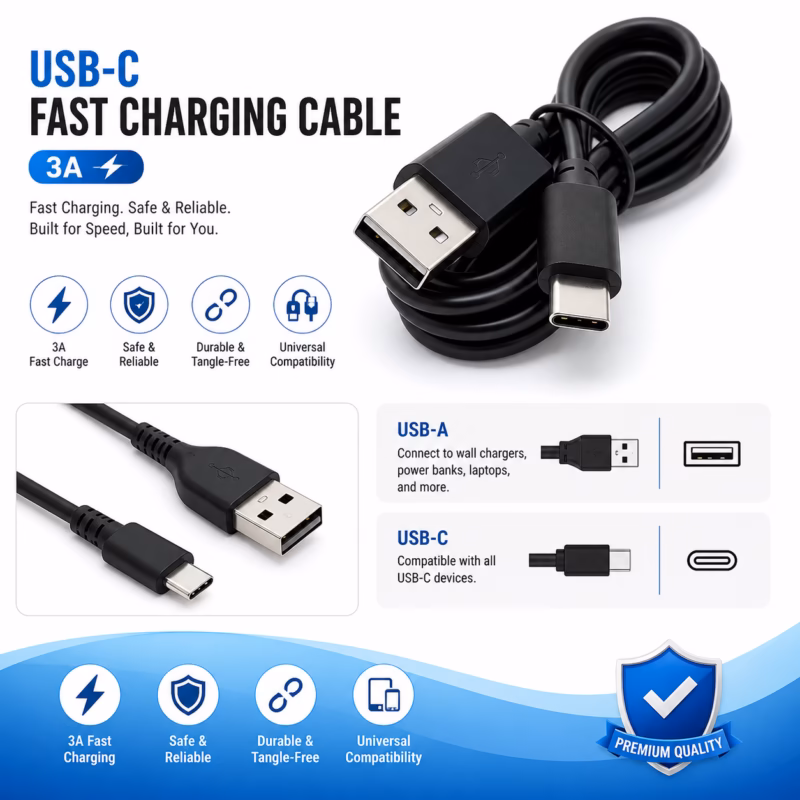 USB-C Fast Charging Cable – Type C High-Speed Data & Quick Charge Cable for Android, Smartphones & Devices
