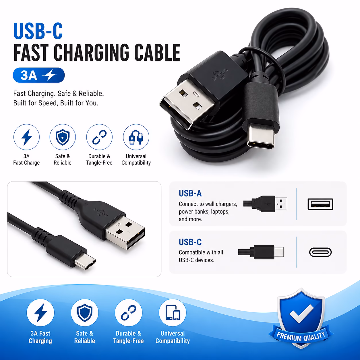 USB-C Fast Charging Cable – Type C High-Speed Data & Quick Charge Cable for Android, Smartphones & Devices