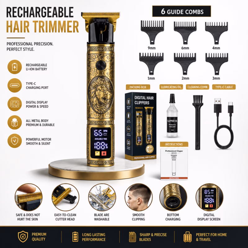 Professional LCD Rechargeable Hair Trimmer & Shaver – Cordless Grooming Kit with Precision Blades for Men