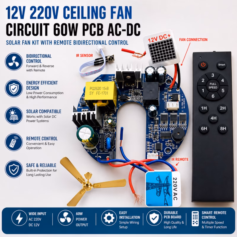 60W Solar Fan Kit with AC-DC Power 12V 220V Ceiling Fan Circuit PCB with Remote Control for Energy Saving Cooling
