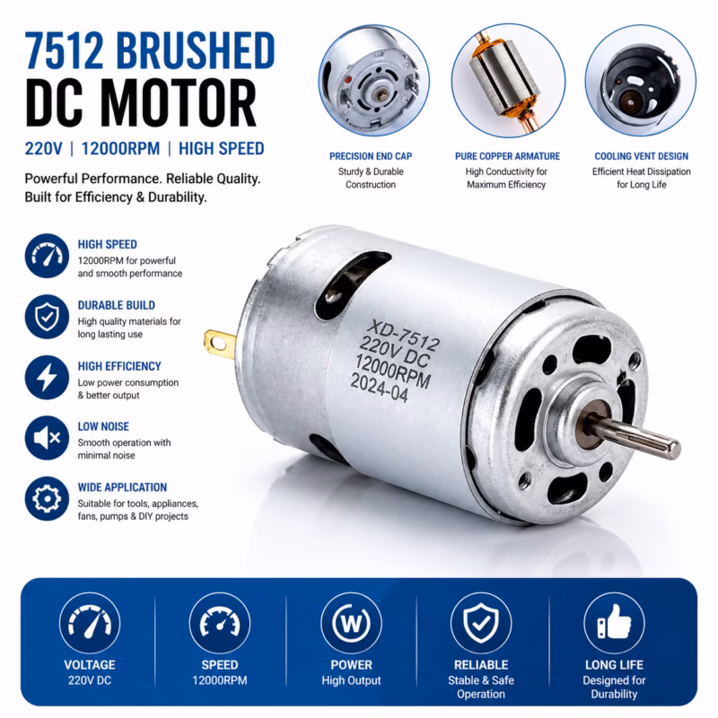 7512 Brushed DC Motor 220V 12000RPM High Speed | Powerful Electric Motor for DIY Tools, Fan, Pump & Robotics Projects